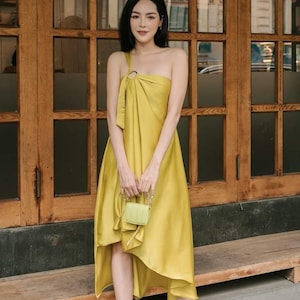 One Shoulder Silk Dress - Party Silk Dress - Evening Silk Midi Dress - Beautiful Silk Midi Dress - A Line Silk Dress - Simple Silk Dress