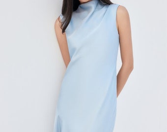 High Neck Ankle Length Dress - Loose Fitting Summer Formal Women's Dress - Office Dress for Women - Wedding Guest Dress