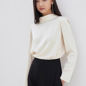 Langarm-Shirt mit Krawattenausschnitt | Damen Seidenblusen, Lässige Seiden Büro Bluse, Seidenhemd für Frauen