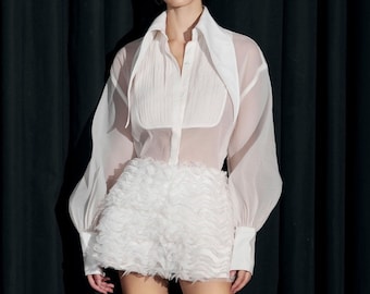 Sheer Bishop Sleeves Organza Shirt with Big Collared - Summer Organza Blouse - Pleated Blouse for Women - Vintage Blouse for Women