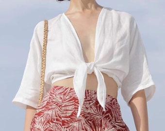 Top corto de lino - Top de lino con lazo delantero - Top de lino blanco - Top de lino de media manga - Ropa personalizada