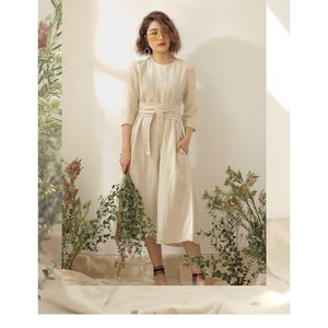 Loose Linen Dress with Detachable Tie - Roomy Pocket Linen Dress in Ivory
