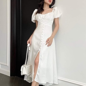 Button Up Midi Dress - Puff Short Sleeve Silk Dress - Wedding Guest Dress - Silk Shirt Dress - High Waist Dress