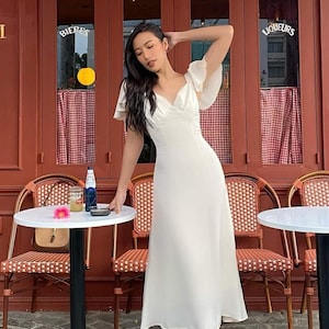 Wedding Guest Midi Dress - V Neckline Silk Dress - Bell Short Sleeve Silk Dress - Tie Back Silk Maxi Dress - Beautiful Silk Midi Dress