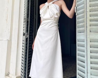White Silk Halter Midi Dress Criss Cross Neckline, Draped Silk Bridal Shower Outfit, Elegant Rehearsal Dinner Dress, Cocktail Gown