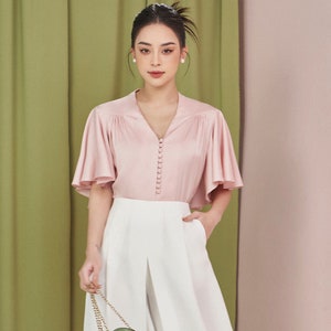 Buttons Up Silk Shirt for Women - Short Bell Sleeves Loose Silk Shirt - Loose Fitting Silk Blouse - Summer Silk Top - Office Silk Blouse