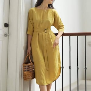 Simple Women Linen Dress - Loose Linen Dress Half Sleeves & Side Slits - Boat Neck MIDI Dress - Linen Pocket Dress - Casual Linen Dress