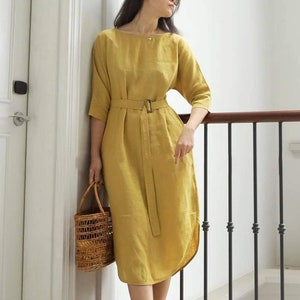 Women Linen Dress - Loose Linen Dress Half Sleeves & Side Slits - Boat Neck Linen MIDI Dress - Linen Pocket Dress - Oversize Linen Dress