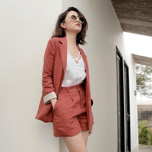 Tailored Linen 2 Piece Women Suit - Linen Blazer - Linen Shorts - Linen Camisole