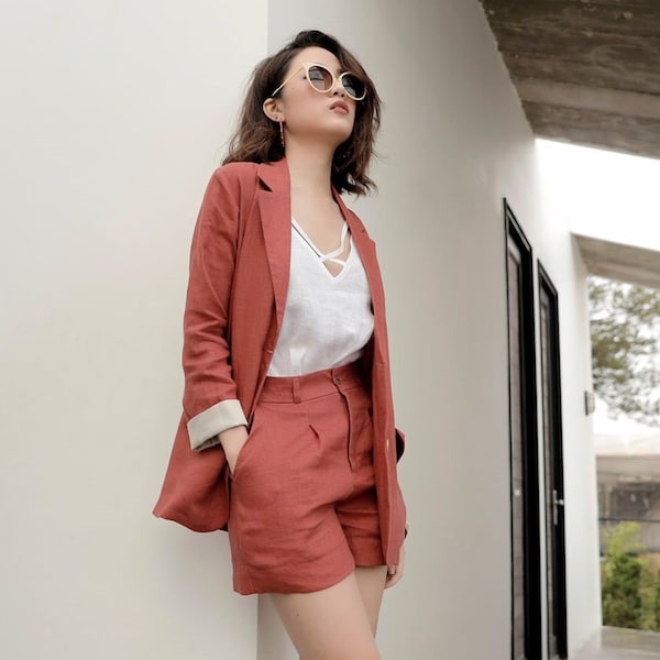 Tailored Linen 2 Piece Women Suit - Linen Blazer - Linen Shorts - Linen Camisole