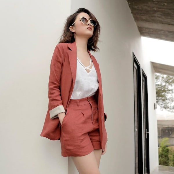 Tailored Linen Women Suit - Linen Blazer - Linen Jacket - Double layer Blazer - Work Business Casual Office Long Sleeve Jacket