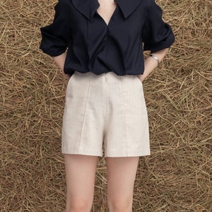 Women Linen Short with Roomy Pockets - Elastic Back Linen Shorts