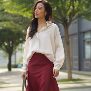 Long Sleeve Loose Silk Shirt - Oversize Silk Blouse with Collared - Summer Silk Blouse - Office Silk Blouse for Women