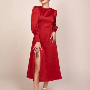 Split Side Silk Long Dress - Beautiful Silk Midi - DressWedding Guest Midi Dress in Red - Crew Neck Silk Dress - Long Sleeve Silk Dress