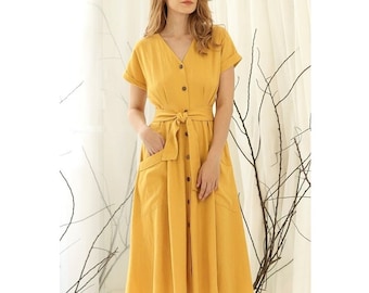 Loose Linen Shirt Dress With Roomy Pockets in Yellow Short
