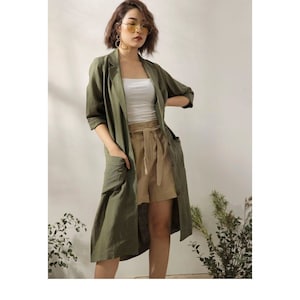 Women Linen Coat with Pockets - Linen Cardigan - Linen Outerwear - Linen Trench Coat in Moss Color