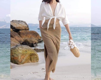 Pencil Linen Skirt with Side Slit