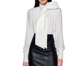 Camisa de seda holgada de manga larga de obispo en blanco - Blusa de seda extragrande con cuello - Blusa de seda de verano - Blusa de seda de oficina para mujer