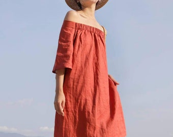 Vestido de lino con hombros descubiertos - Vestido de lino con media manga - Vestido de lino midi
