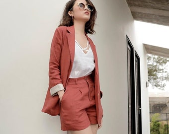 Tailored Linen 2 Piece Women Suit - Linen Blazer - Linen Shorts - Linen Camisole