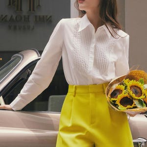 White Cotton Shirt with Long Sleeves and Front Button Up- Women Cotton Shirt with Bish HopSleeves