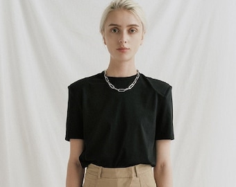 Black Linen / Cotton Blouse - Short Sleeves Women Top