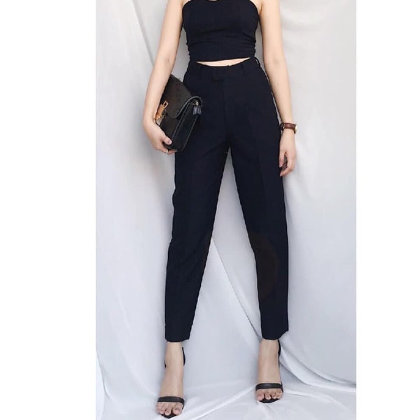 Pantalon taille haute en soie noir - Pantalons droits en soie - Capris en lin pour femme - Vêtements en soie pour femmes