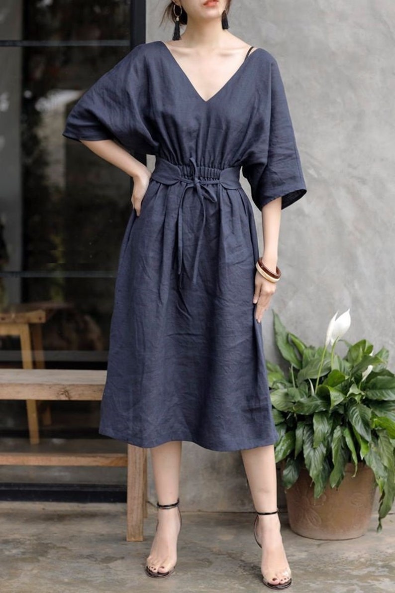 Loose Linen Dress With Roomy Pockets Deep V Neck Linen Dress - Etsy