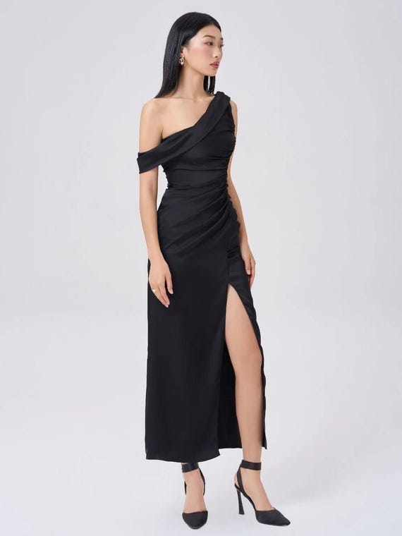Ruched Minimal Wedding Guest Dress, Asymmetric Maxi Length Dress, Summer Event Party Dress, One Shoulder Event Dress, High Waist Silk Dress Ruched Minimal Wedding Guest Dress, Asymmetric Maxi Length Dress, Summer Event Party Dress, One Shoulder Event Dress, High Waist Silk Dress