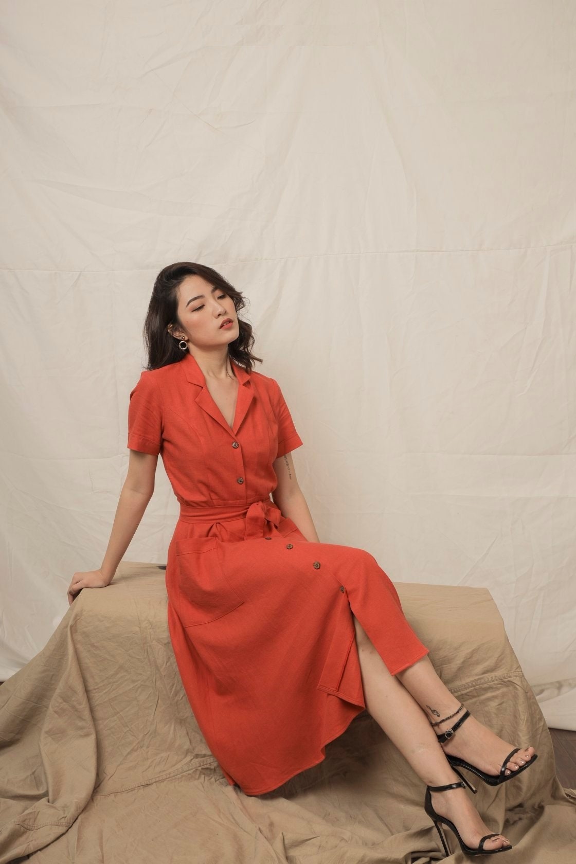 ★関税送料無料 Belted Linen A-Line Shirtdress Linen Shirt Dress, Linen A-line Dress, Linen Maxi Dress With