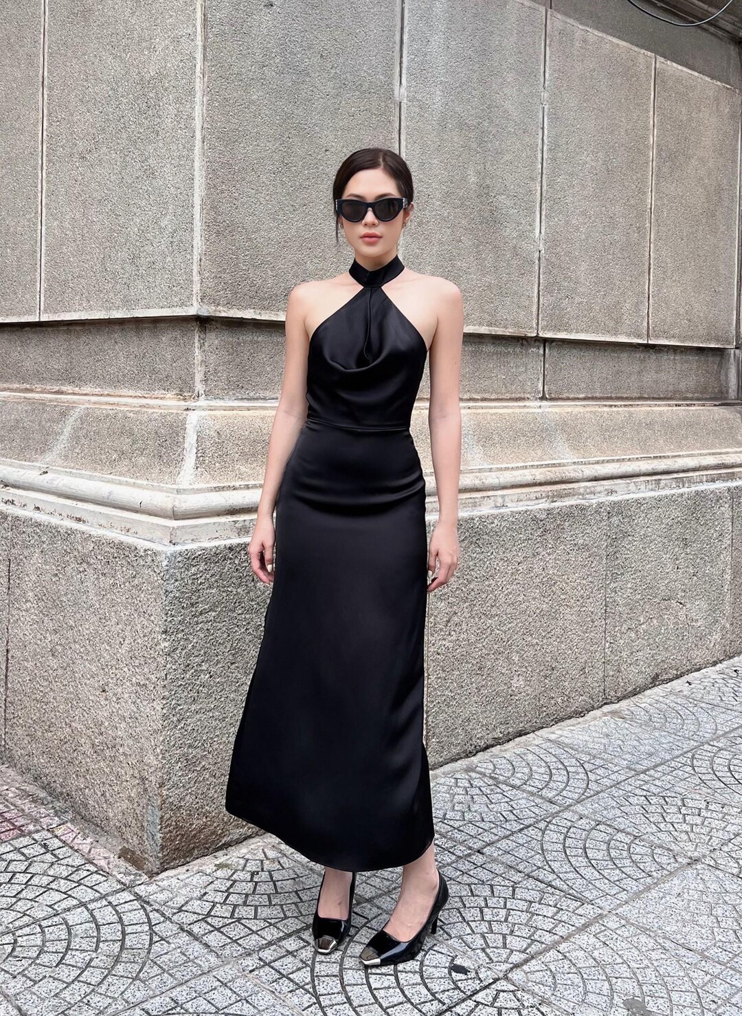 silk halter midi dress Halter Silk Midi Dress - Formal Wedding Guest Mid Dress - Romantic  Sleeveless Long Dresses
