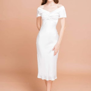 Off Shoulder Silk Maxi/Midi Dress with Short Sleeves