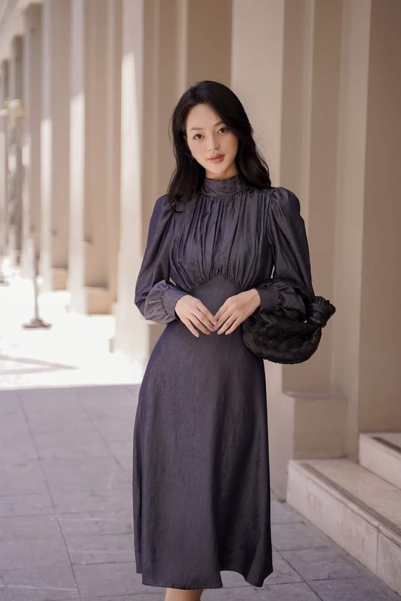 knee length dresses for ladies Black High Neck Dress