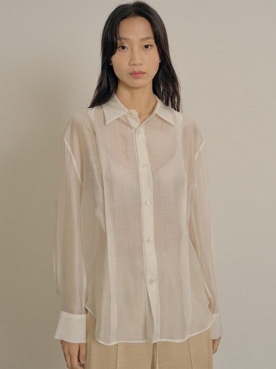Long Sleeve Loose Organza Sheer Shirt - Collared Organza Top