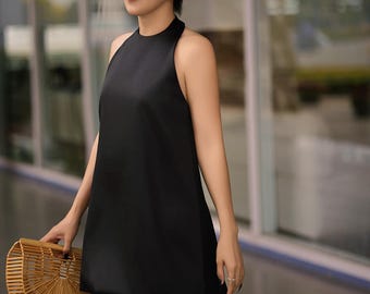 Asymmetrical Short Silk Dress - Casual Mini Dress - Short Event Club Silk  Dress - Halter Neck Dress - Lady Mini Dress - Open Back Silk Dress