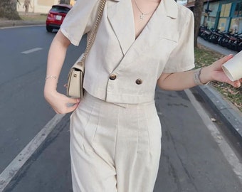 Notched collar Linen blouse woman, linen top, linen formal double breasted blouse, Linen shirt Vintage, Short sleeve Top
