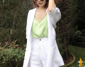 Jaqueta de linho solta com bolso e meia manga - Cardigan de linho de camada única - Blusa de linho grande - Disponível em 30 cores