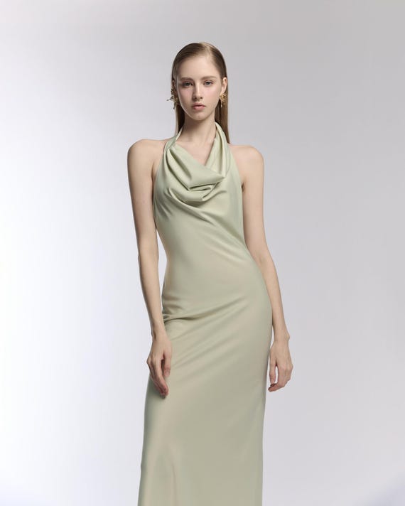 Halter Cowl Neck Women's Dress , Open Back Sleeveless Silk Dress, Summer Wedding Guest Dresses - Etsy Halter Cowl Neck Women's Dress , Open Back Sleeveless Silk Dress, Summer Wedding Guest Dresses - Etsy