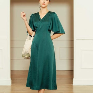 Winkel Ärmel Seidenkleid -Knöpfe Seite Seidenkleid - Hochzeitsgast Midi Kleid - Abend Seide Midi Kleid - Wunderschönes Seiden Midi Kleid