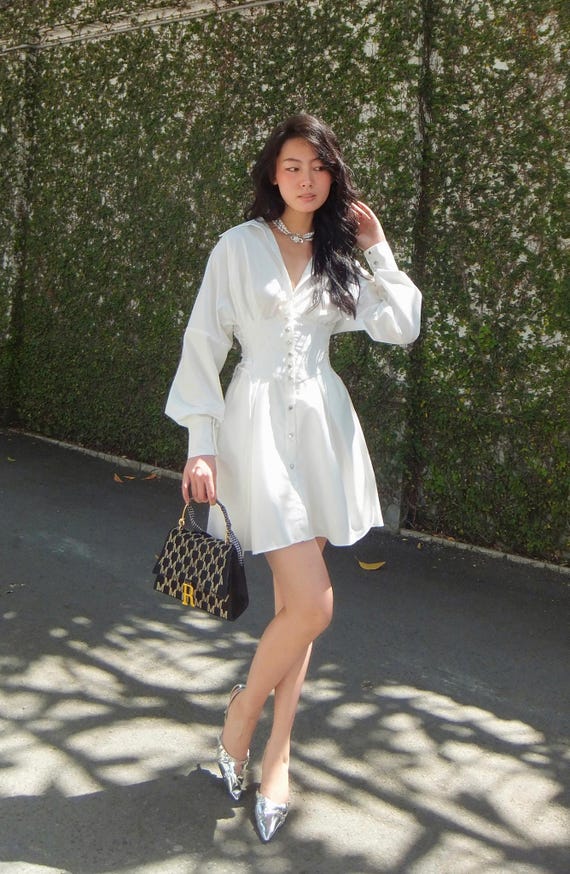 button down corset shirt dress With Long Bishop Sleeves, Elegant Mini Dress, Waist Cincher Tailored Dress, Old Money Aesthetic White Gown Color:Violet Ombre Liz Martinez, Serena Sample Christmas Gift Guide 25 Oversized shirt