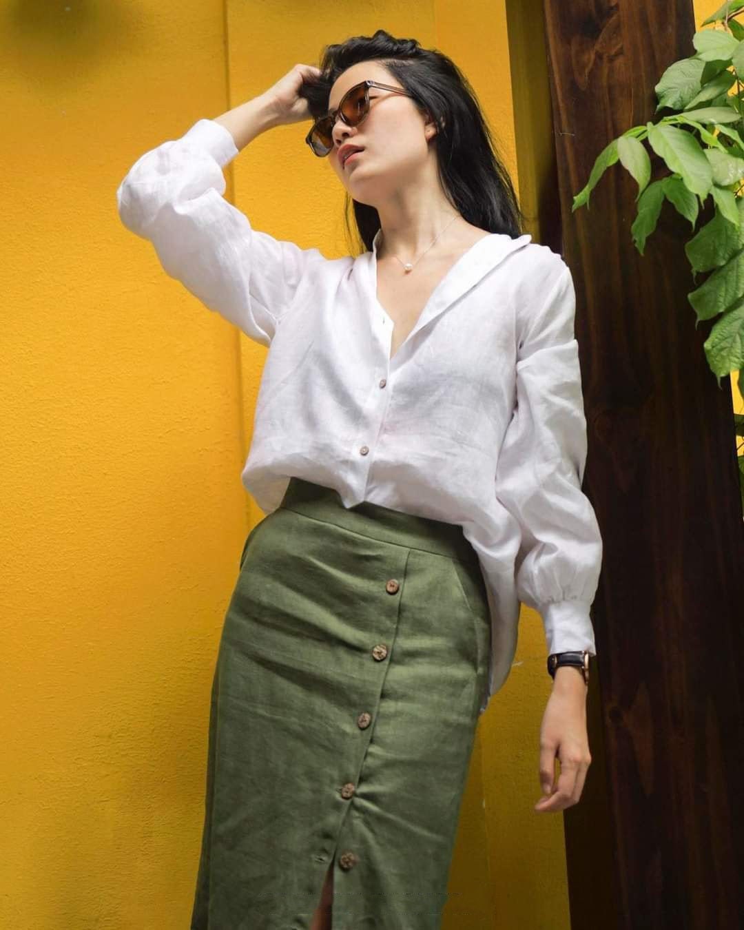 Linen Skirt Comfy Elastic High Waist Side Slit Straight Midi Skirt
