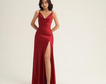 Cowl Neckline Wedding Guest Maxi Dress with sleeveless - Thigh Split Silk Maxi Dress