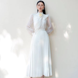 Circle Midi Silk Skirt - Pleated Office Silk Skirt for Women - High Waist Silk Skirt - Simple Midi A Line Skirt - White Silk Midi Skirt