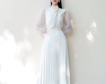 Circle Midi Silk Skirt - Pleated Office Silk Skirt for Women - High Waist Silk Skirt - Simple Midi A Line Skirt - White Silk Midi Skirt