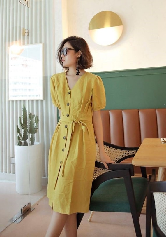 yellow linen shirt dress
