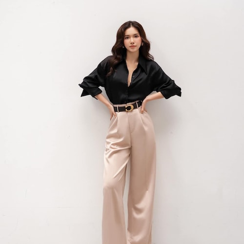 silk dress pants Women Satin Wide Leg Casual Dressy Long Flowy Pants Elastic High Waisted Trousers (US, Alpha, X-Small, Regular, Regular, Black) at Amazon Women's Clothing store Available in Petites. Pleated Maxi Silk Pants with