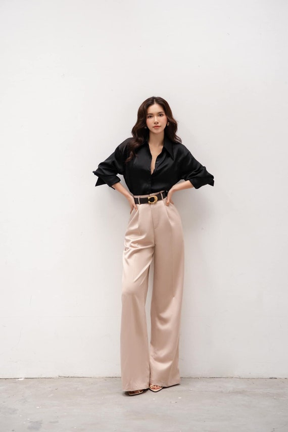 Pleated Maxi Silk Pants With Pockets Side High Waist Silk Pants