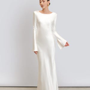Boat Neck Silk Maxi Dress with Cowl Back, Long Sleeve Wedding Guest Dress, Bridesmaid Long Dresses