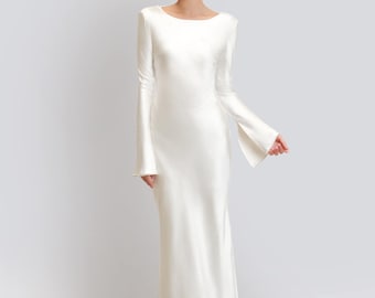 Długa sukienka z jedwabiu z dekoltem w łódkę i dekoltem typu "kaptur" na plecach, sukienka dla gości weselnych z długim rękawem, długie sukienki dla druhen