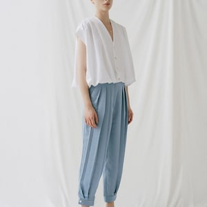 Light Blue Pleated Pants with Pockets - High Waist Pleated Pants